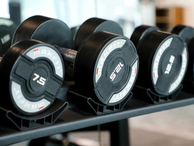 Heavy steel dumbbells on a rack in a modern training center